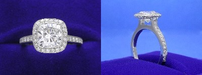 Cushion Cut Diamond Ring 1.71-carat with 1.01 ratio in Bez Ambar setting with 0.47 tcw pave-set round diamonds