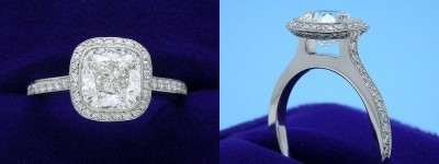 Cushion Cut Diamond Ring 1.73-carat with 1.01 ratio in Bez Ambar setting with 0.39 tcw pave-set round diamonds