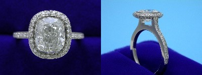Cushion Cut Diamond Ring 1.81-carat with 1.20 ratio in Bez Ambar setting with 0.44 tcw pave-set round diamonds