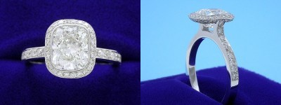 Cushion Cut Diamond Ring 2.01-carat with 1.20 ratio in Bez Ambar setting with 0.51 tcw pave-set round diamonds