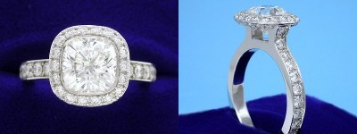 Cushion Cut Diamond Ring 2.02-carat with 1.00 ratio in Bez Ambar setting with 1.23 tcw pave-set round diamonds