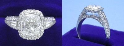 Cushion Cut Diamond Ring 2.31-carat with 1.18 ratio in Bez Amabar setting with 1.16 tcw pave-set round diamonds