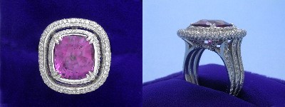 Cushion Cut Pink Sapphire Ring 7.03-carat in Bez Ambar setting with 1.09 tcw pave-set round diamonds