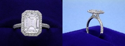 Emerald Cut Diamond Ring 2.39-carat with 1.59 ratio in Bez Ambar setting with 0.54 tcw pave-set round diamonds