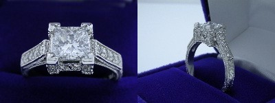 Princess Cut Diamond Ring 1.02-carat in Richard Landi setting with 0.34 tcw pave-set round diamonds and milgrain detailing