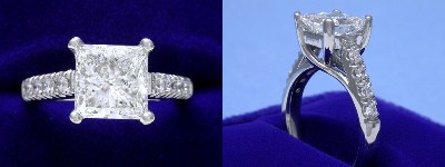 Princess Cut Diamond Ring 2.01-carat in Leo Ingwer setting with trellis style prongs and 0.24 tcw round prong-set diamonds