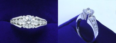 Round Brilliant Cut Diamond Ring 0.83-carat in Leo Ingwer setting with 0.45 tcw graduated, channel-set round diamonds