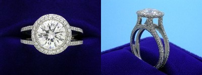 Round Brilliant Cut Diamond Ring 2.23-carat in Bez Ambar setting wtih 1.24 tcw pave-set diamonds and split-shank style