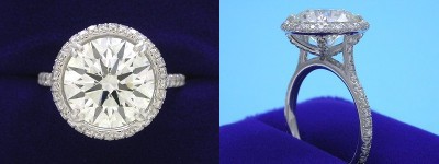 Round Brilliant Cut Diamond Ring 4.07-carat in Bez Ambar setting with 0.59 tcw pave-set round diamonds